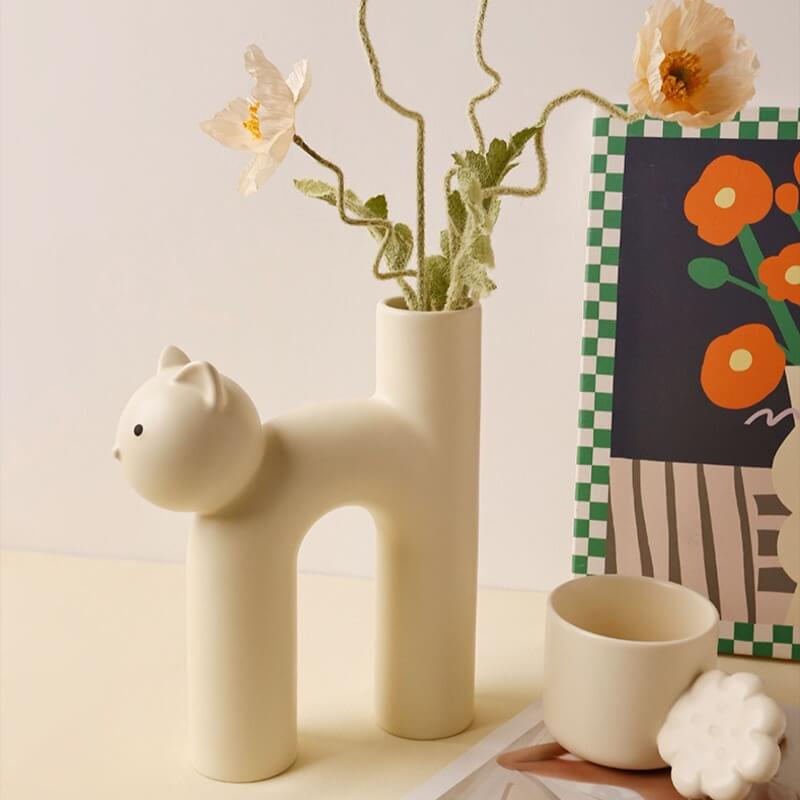 Ceramic Cat Flower Vase white