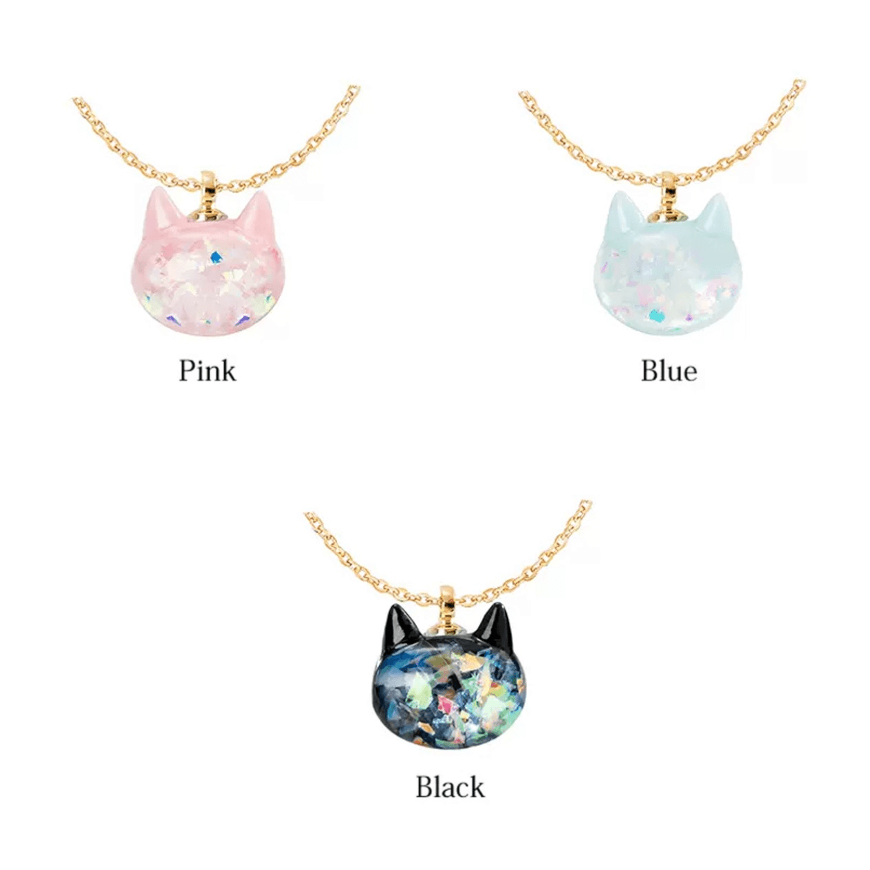 Japanese Black Pink Blue Shimmering Iridescent Cat Necklace Pendant