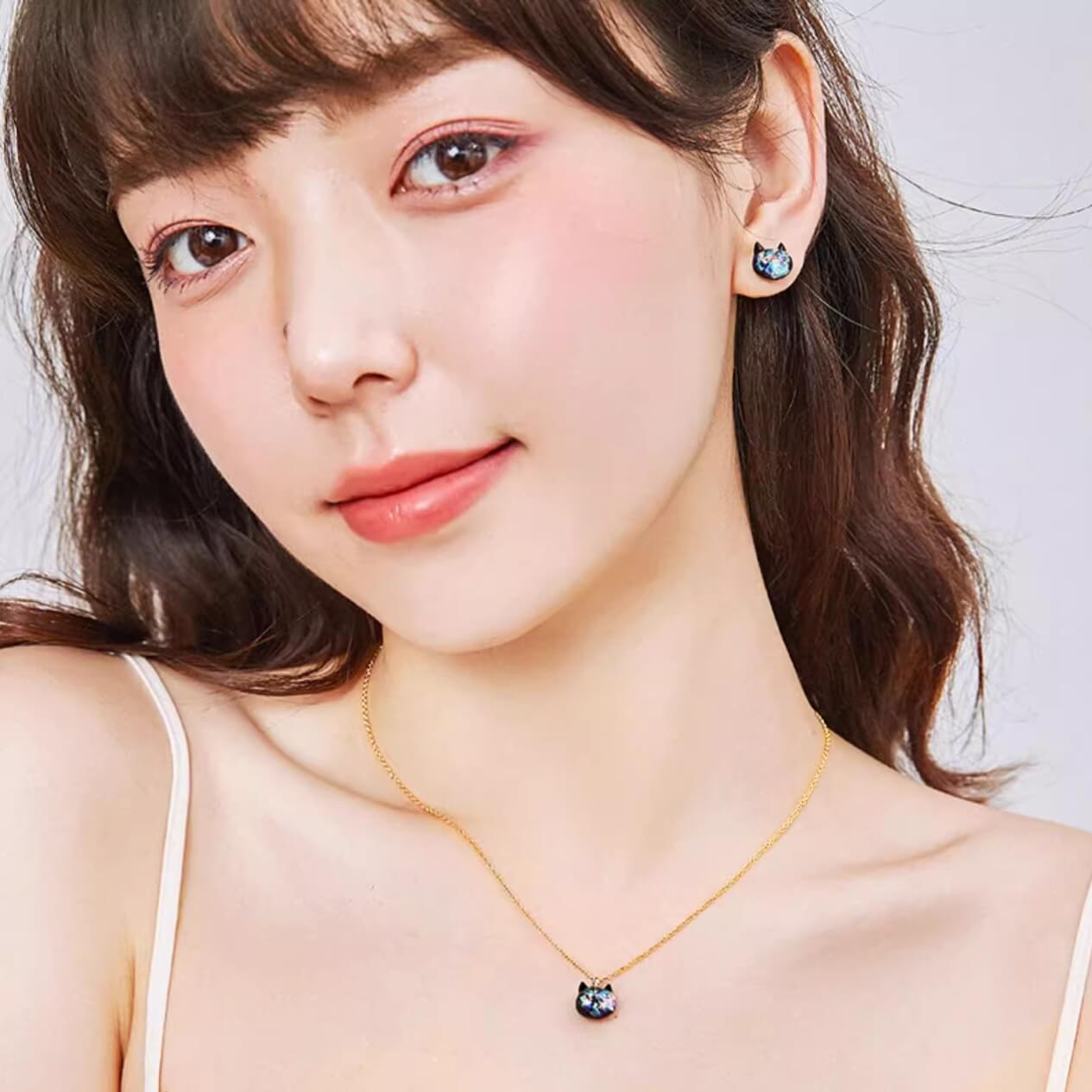 Japanese Black Shimmering Iridescent Cat Necklace Pendant