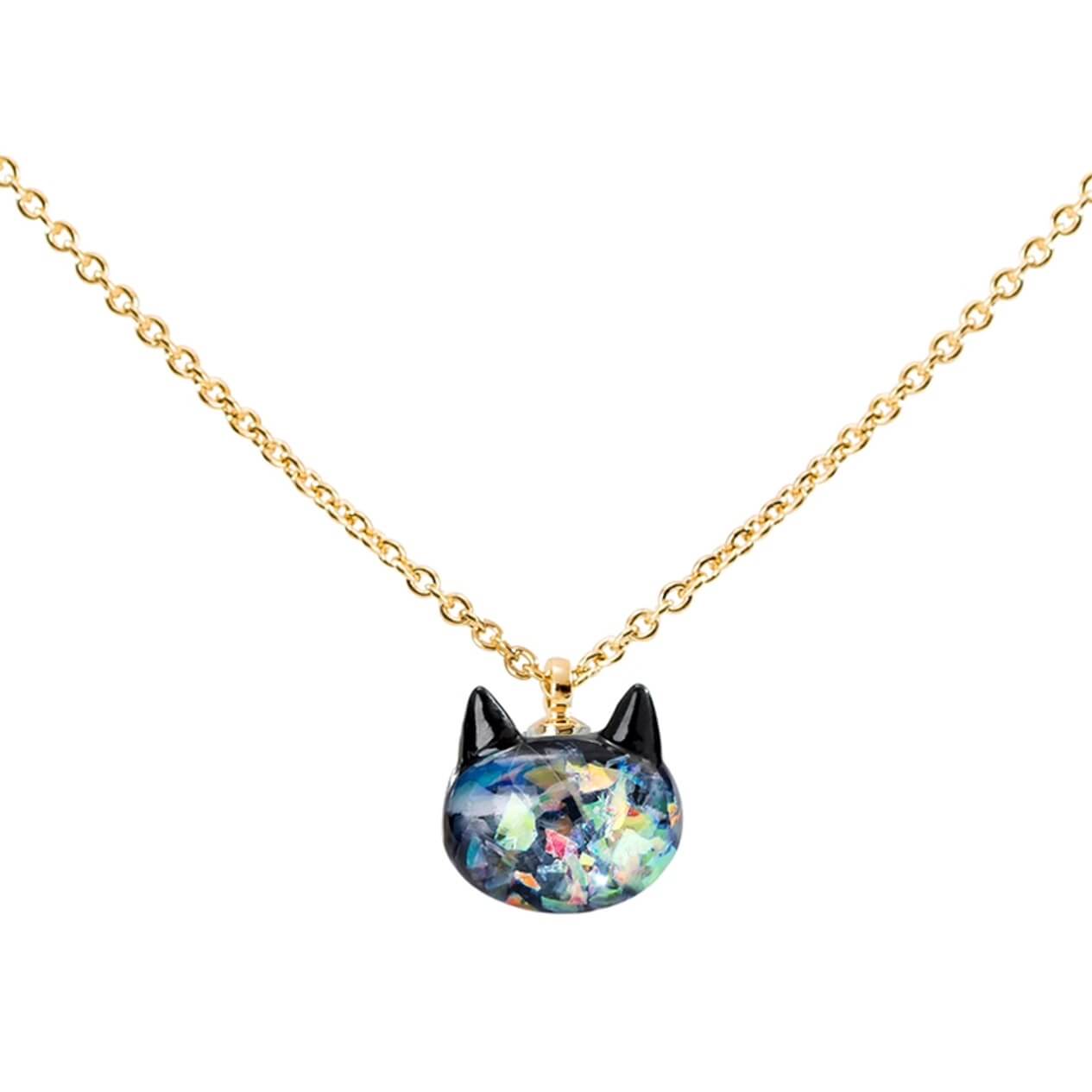 Japanese Black Shimmering Iridescent Cat Necklace Pendant