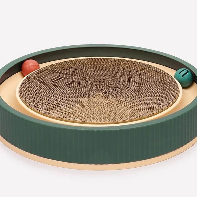 Modern Retro Round Cardboard Cat Scratcher with Ball - Petites Paws