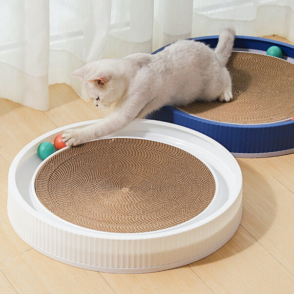 Modern Retro Round Cardboard Cat Scratcher with Ball - Petites Paws