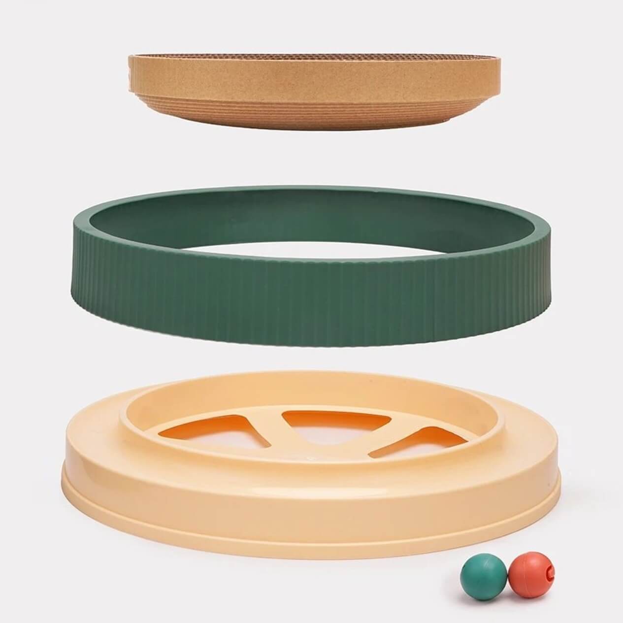 Modern Retro Round Cardboard Cat Scratcher with Ball - Petites Paws