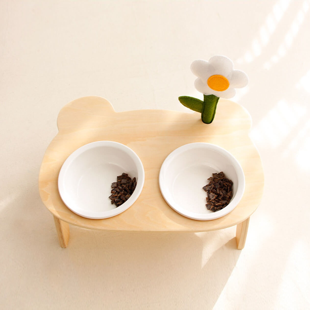 Forest Feast double Elevated Cat Feeding Bowl with fabric decoration