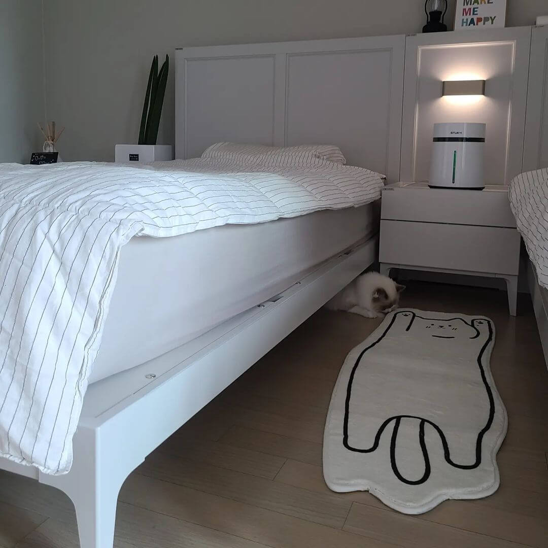 Cute White Cat Belly Bedside Rug in Bedroom