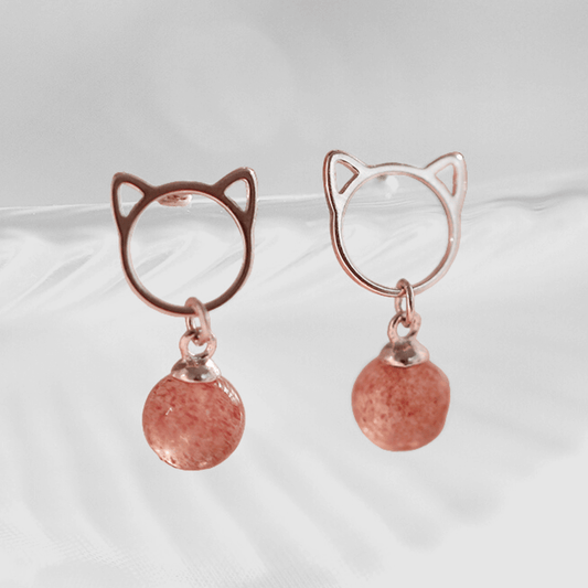 Sweetie Cat Strawberry Quartz Earrings - Petites Paws