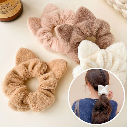 Fluffy Cat Ear Scrunchies Set (White, Beige, Khaki, Brown)