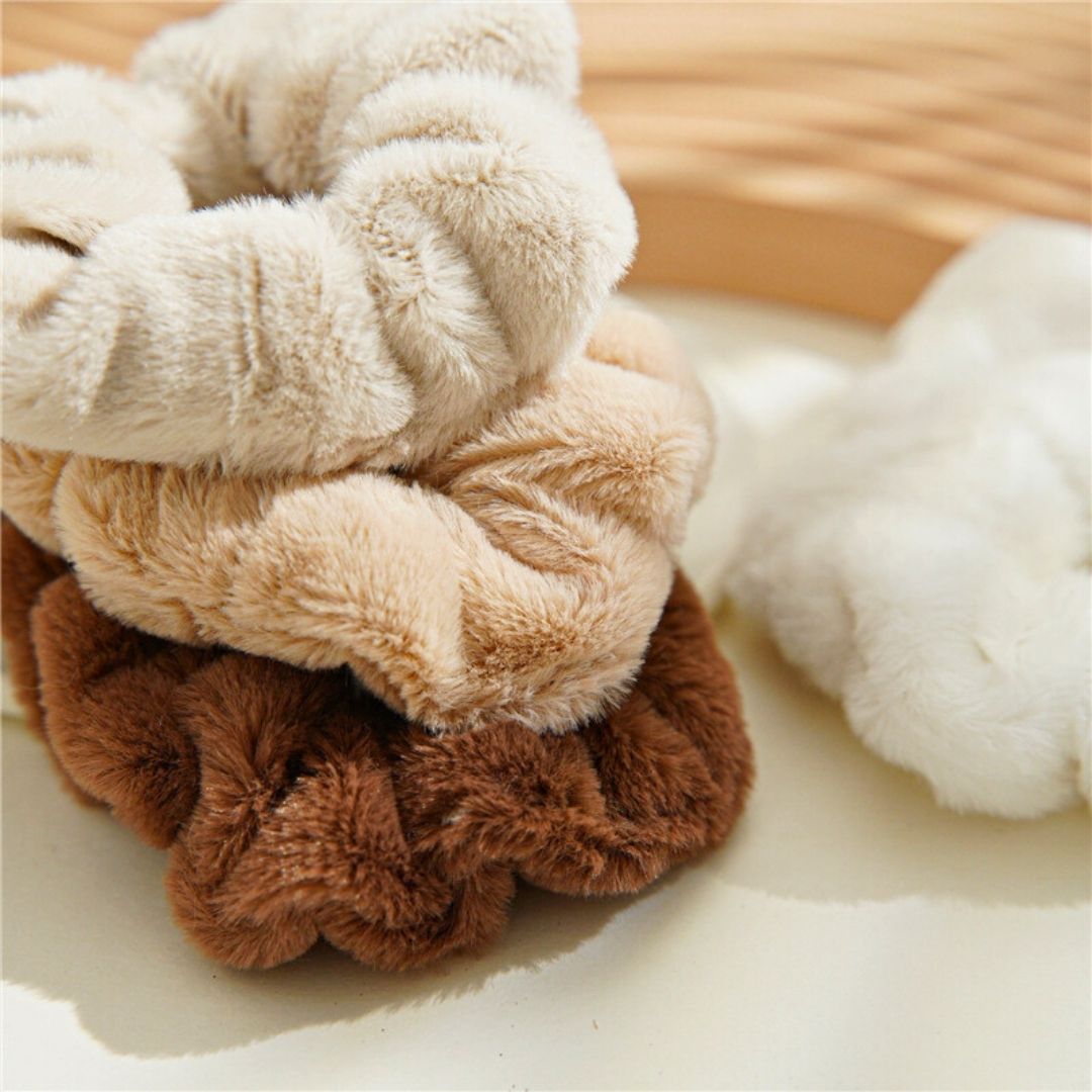 Fluffy Cat Ear Scrunchies Set (White, Beige, Khaki, Brown)