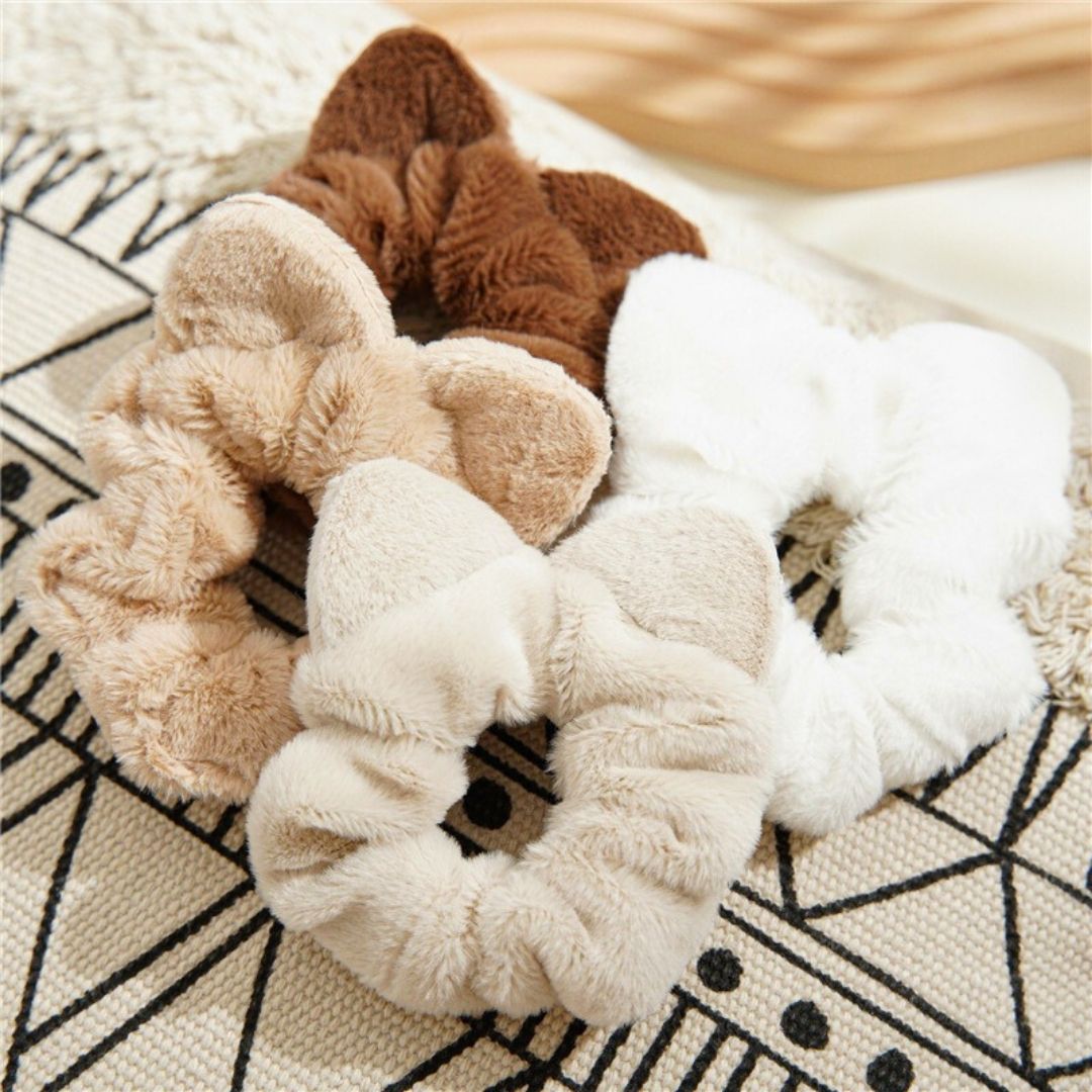 Fluffy Cat Ear Scrunchies Set (White, Beige, Khaki, Brown)