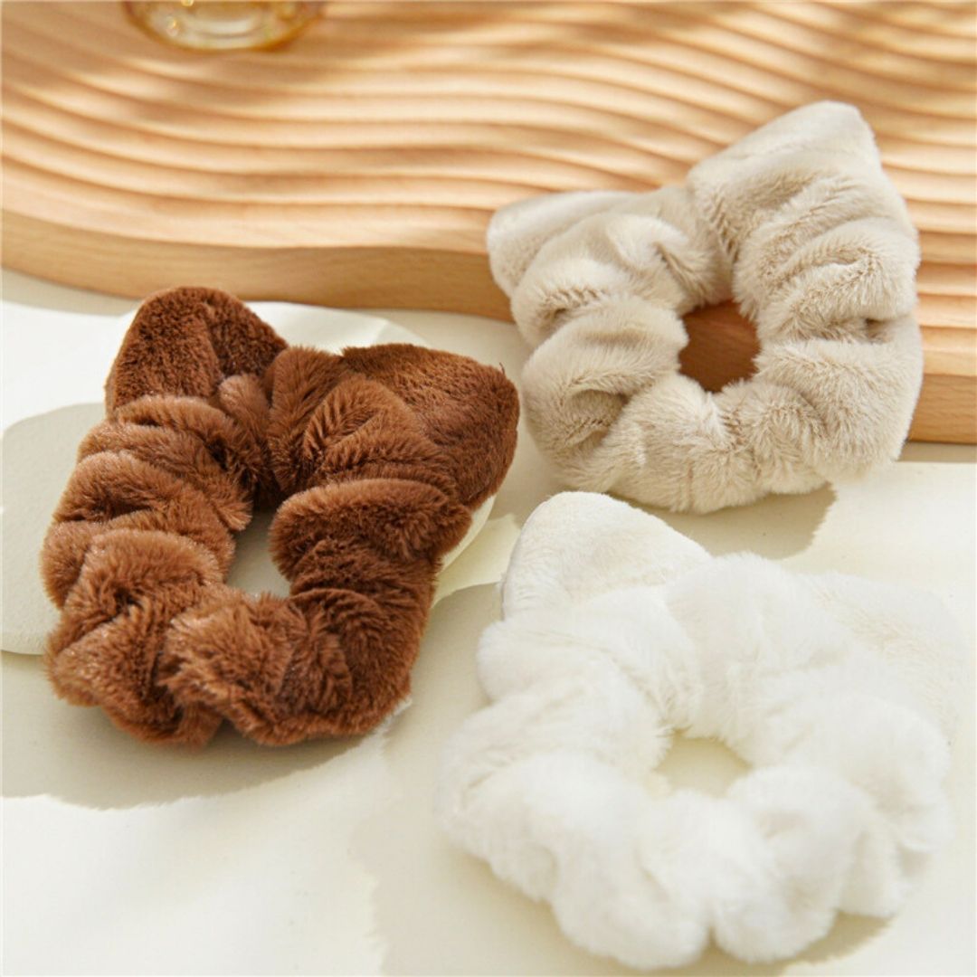 Fluffy Cat Ear Scrunchies Set (White, Beige, Khaki, Brown)