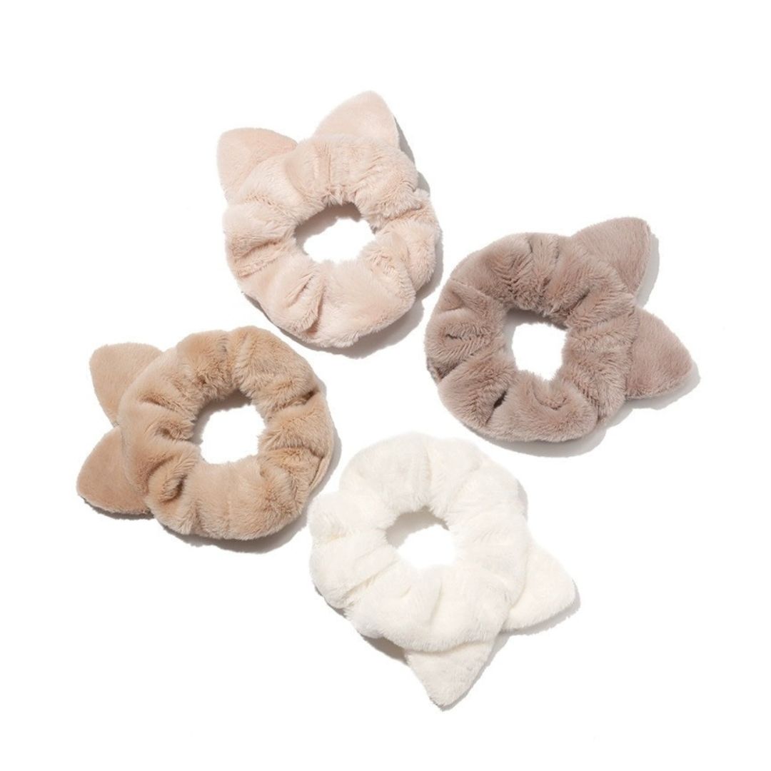 Fluffy Cat Ear Scrunchies Set (White, Beige, Khaki, Brown)