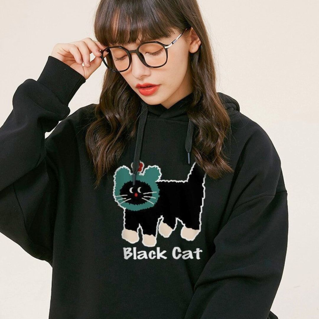 Cute Little Green Hood Cat Fleece Oversized Hoodie in Black 