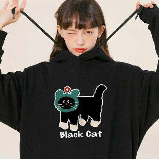 Cute Little Green Hood Cat Fleece Oversized Hoodie in Black 