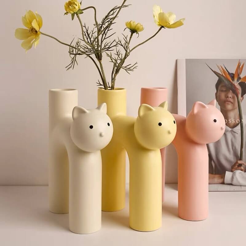Ceramic Cat Flower Vase white yellow pink
