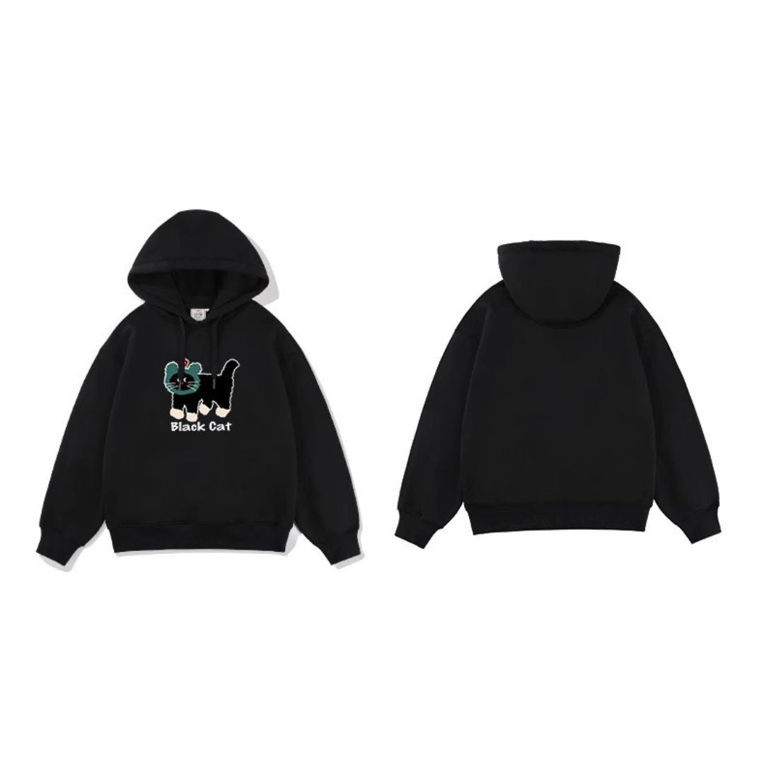 Cute Little Green Hood Cat Fleece Oversized Hoodie in Black 