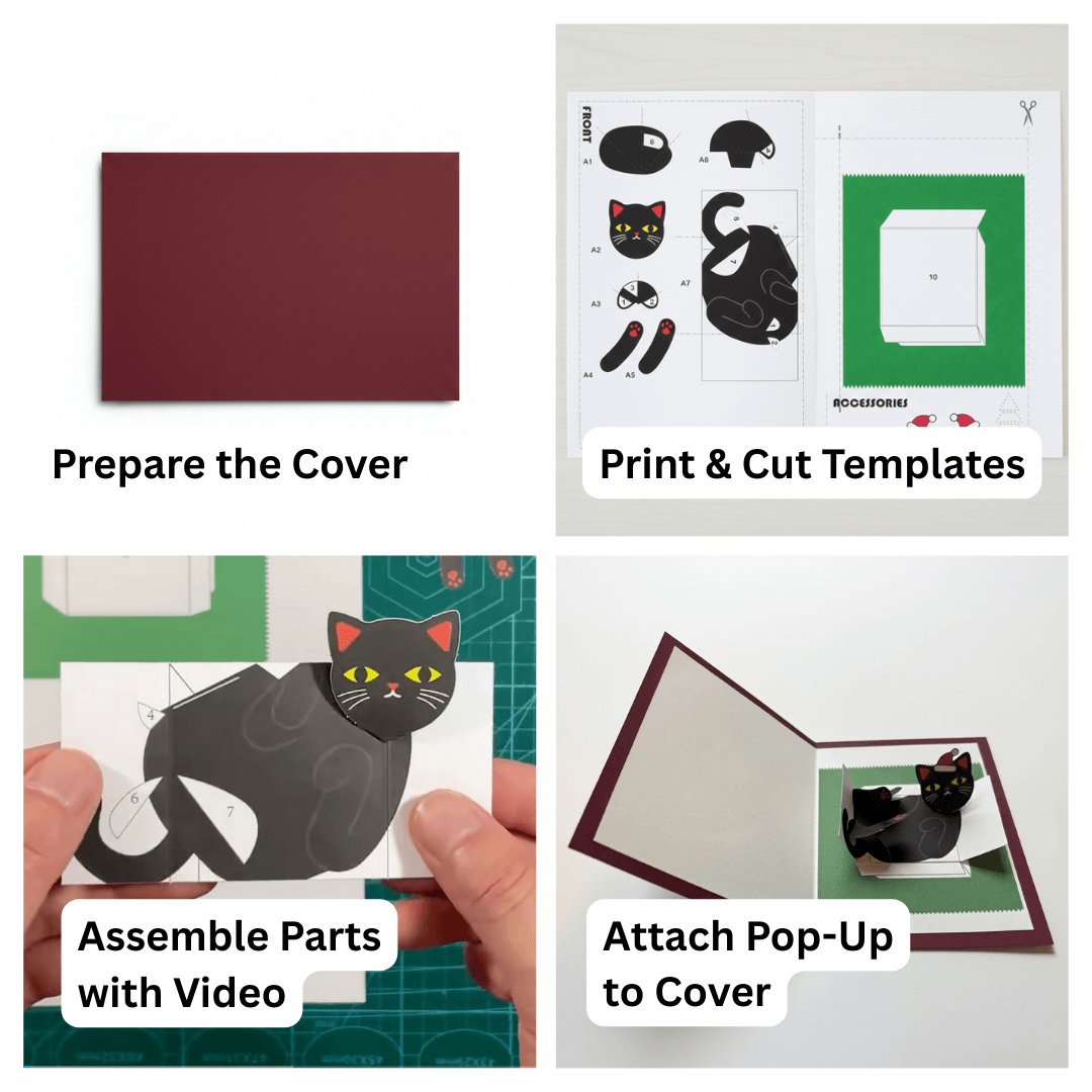 Step-by-step guide for creating a pop-up card with cat design, including cover preparation, templates, assembly, and attachment.
