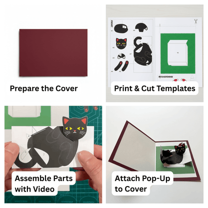 Step-by-step guide for creating a pop-up card with cat design, including cover preparation, templates, assembly, and attachment.