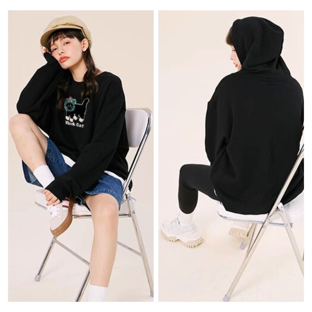 Cute Little Green Hood Cat Fleece Oversized Hoodie in Black