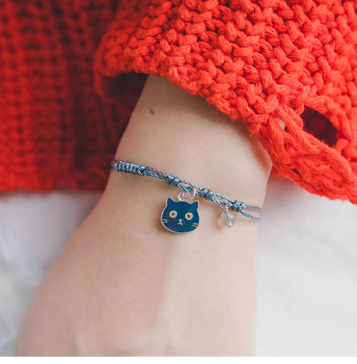 Blue Knotted Cord Bracelet with Silver Cute Black Cat Charm