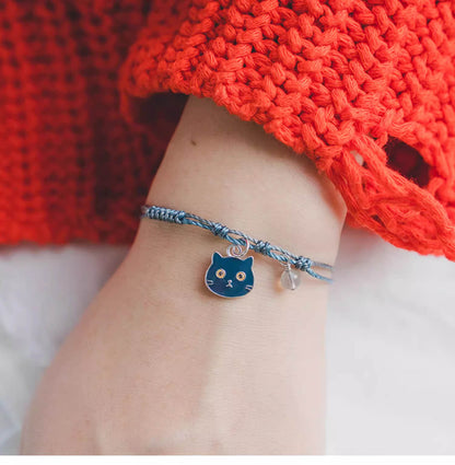 Blue Knotted Cord Bracelet with Silver Cute Black Cat Charm