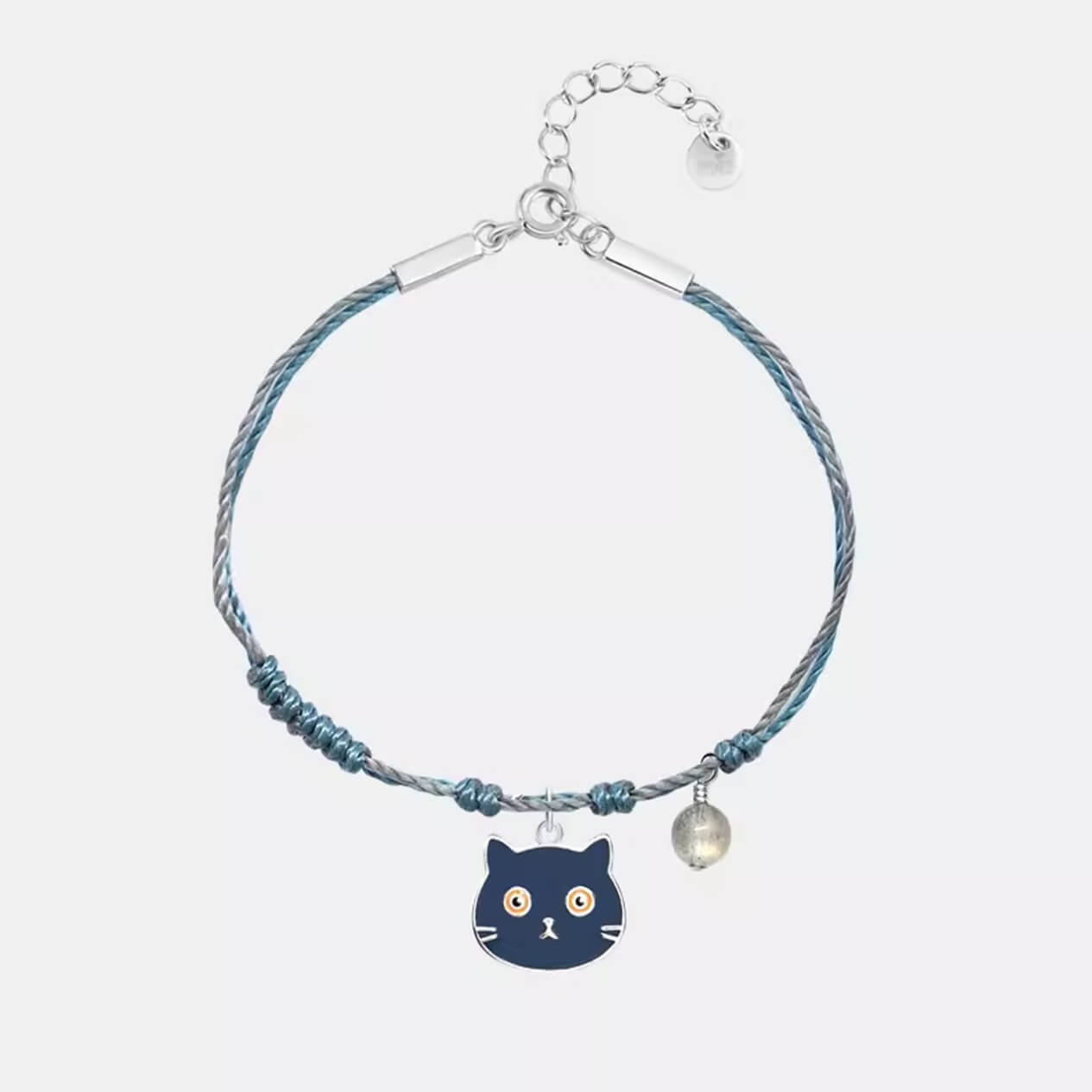 Blue Knotted Cord Bracelet with Silver Cute Black Cat Charm