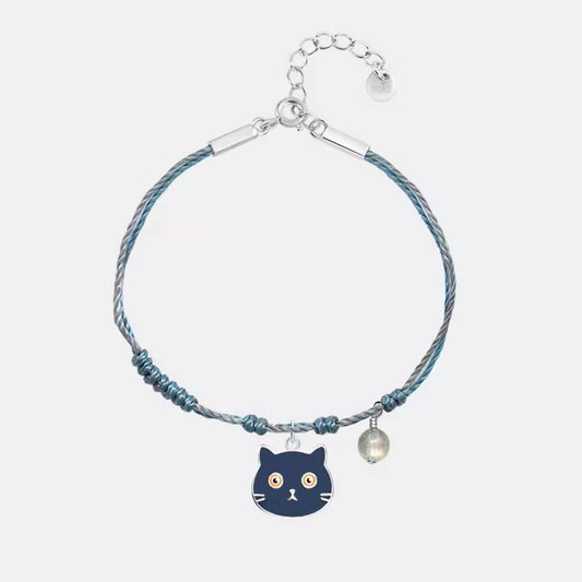 Blue Knotted Cord Bracelet with Silver Cute Black Cat Charm