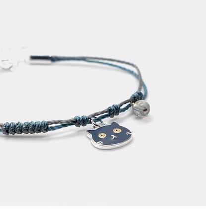 Blue Knotted Cord Bracelet with Silver Cute Black Cat Charm