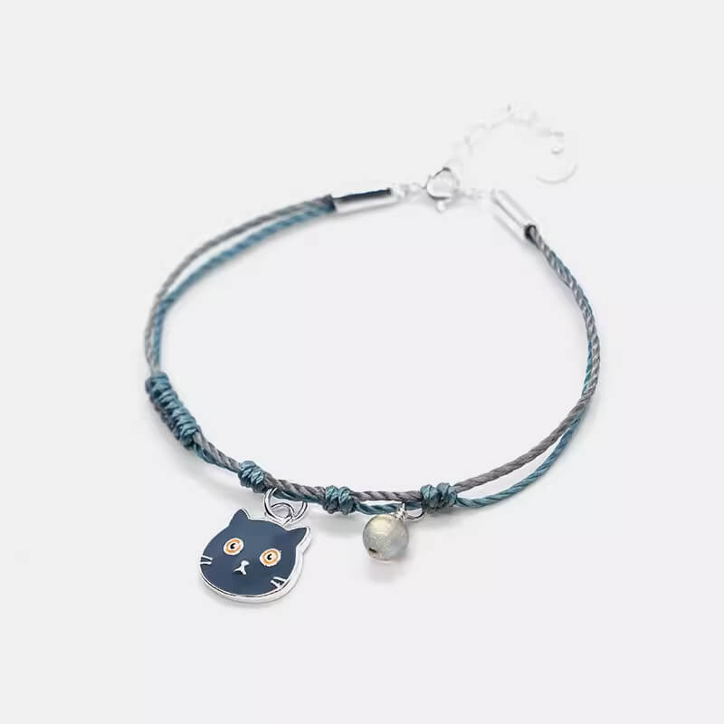 Blue Knotted Cord Bracelet with Silver Cute Black Cat Charm