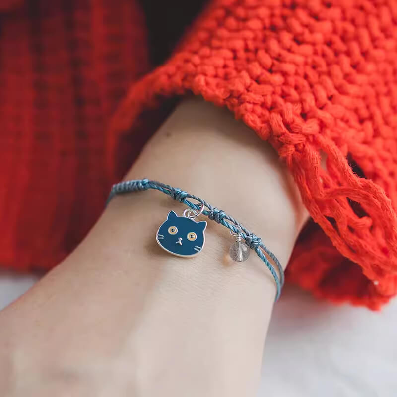 Blue Knotted Cord Bracelet with Silver Cute Black Cat Charm