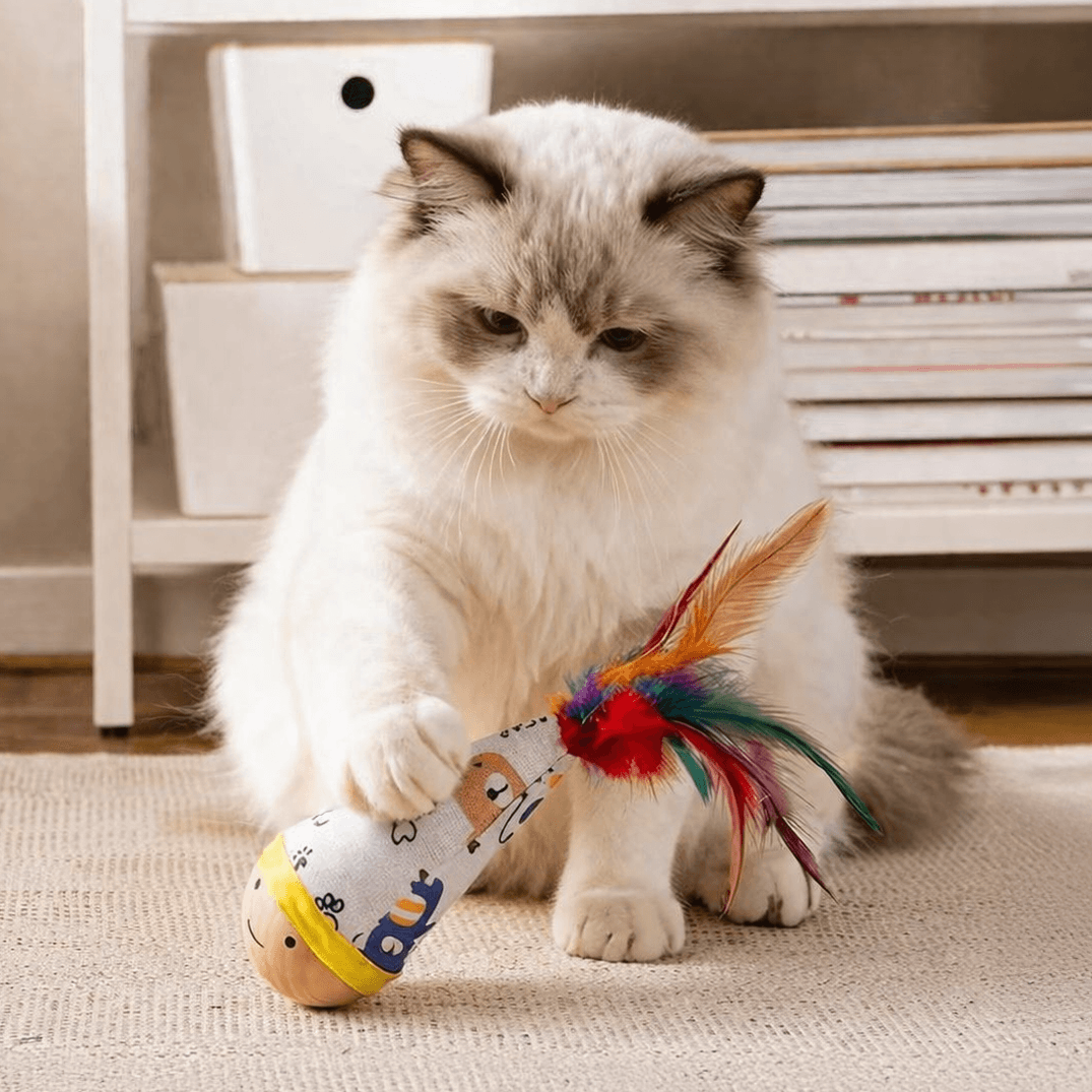 Colorful Wiggle Wooden Wobble Feather Cat Toy Roly Poly