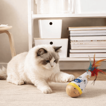 Colorful Wiggle Wooden Wobble Feather Cat Toy Roly Poly