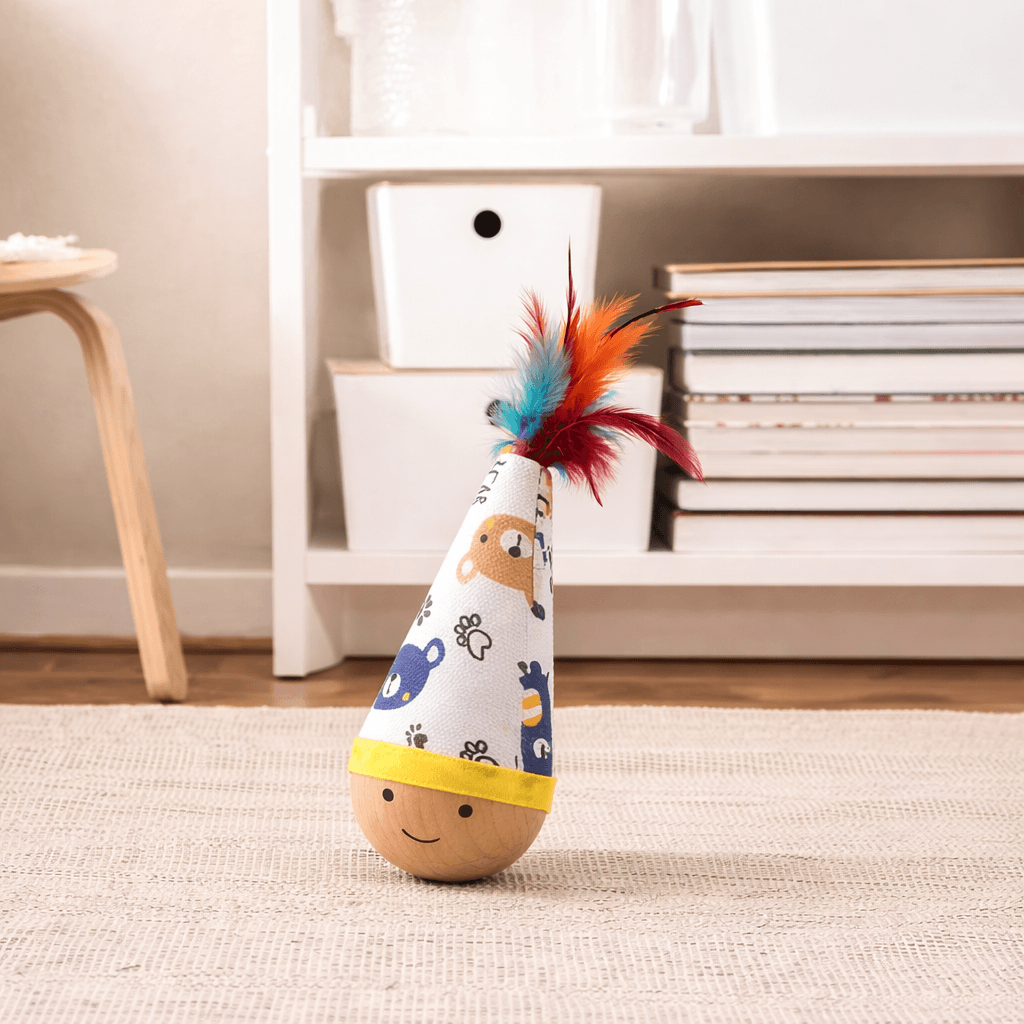Colorful Wiggle Wooden Wobble Feather Cat Toy Roly Poly