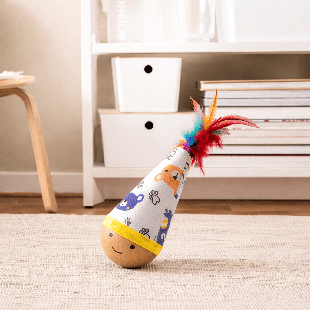 Colorful Wiggle Wooden Wobble Feather Cat Toy Roly Poly