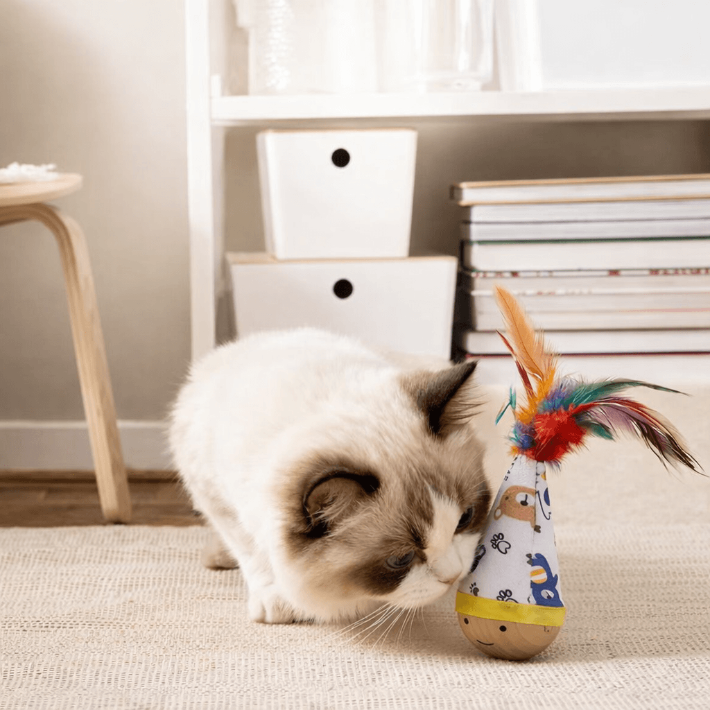 Colorful Wiggle Wooden Wobble Feather Cat Toy Roly Poly