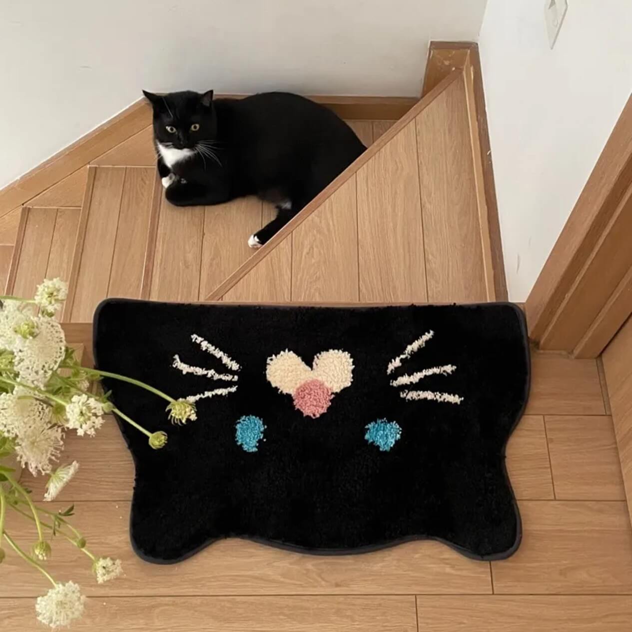 Cute Black Cat Face Plush Rug Door mat