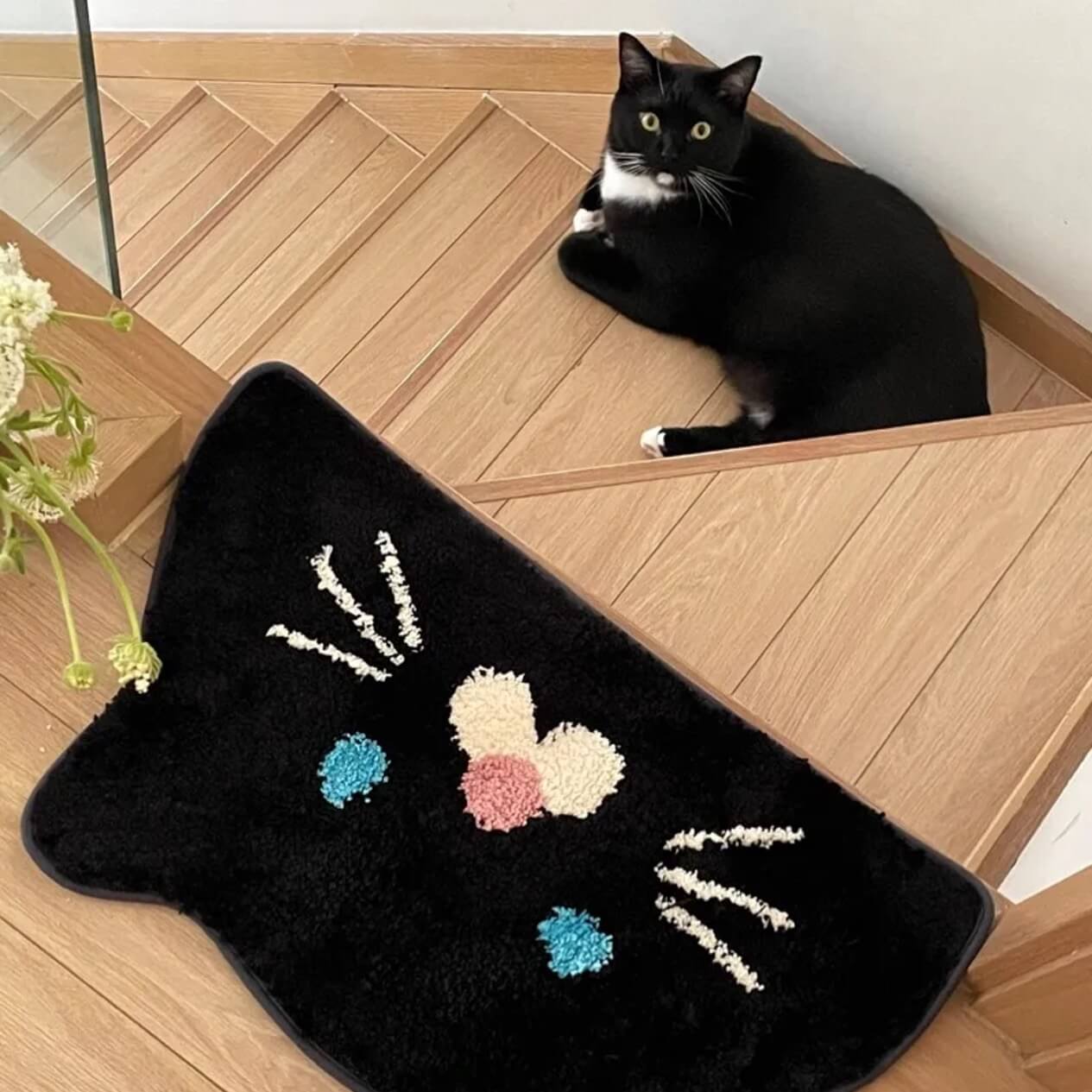 Cute Black Cat Face Plush Rug Door mat