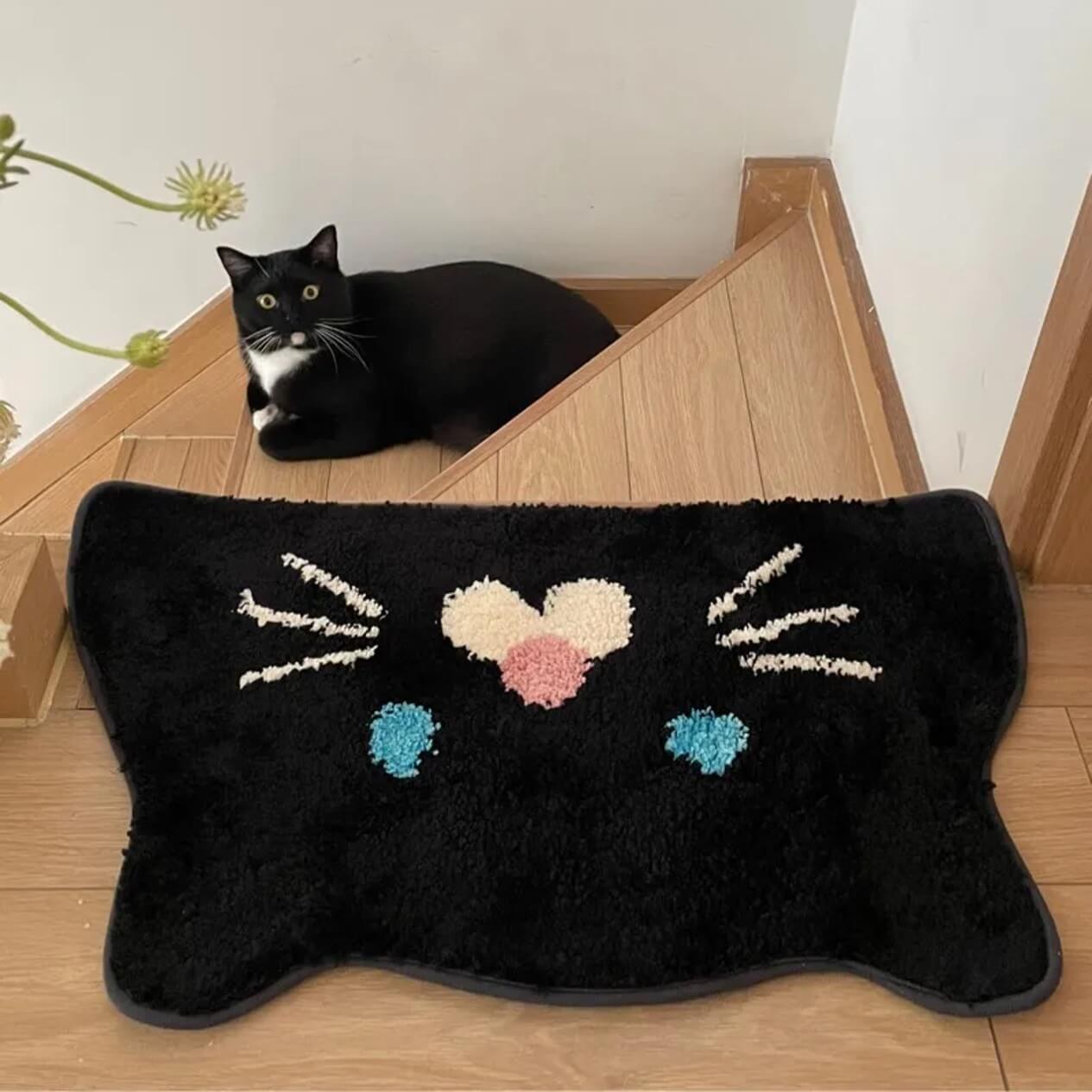 Cute Black Cat Face Plush Rug Door mat