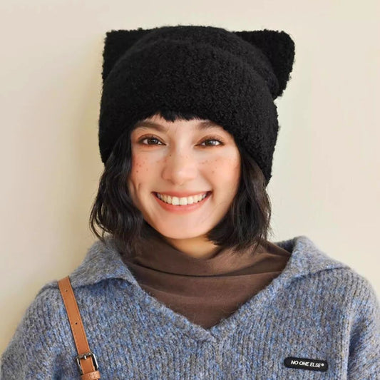 Cute Plush Cat Ear Beanie black 