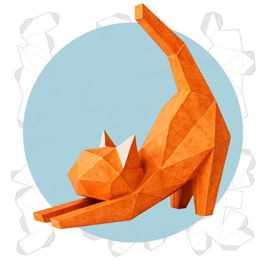 DIY 3D Cute Stretching Cat Papercraft Template Printable PDF Geometric