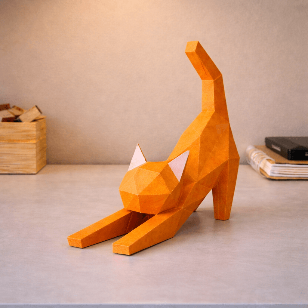 DIY 3D Cute Stretching Cat Papercraft Template Printable PDF Geometric