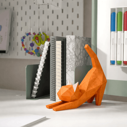 DIY 3D Cute Stretching Cat Papercraft Template Printable PDF Geometric