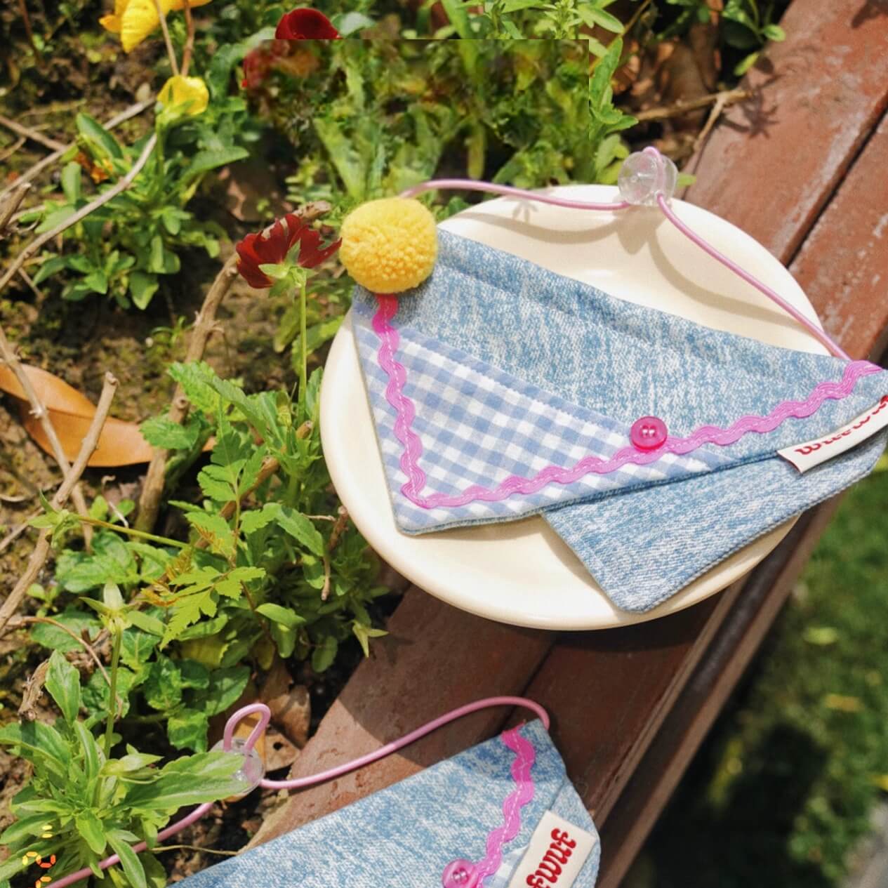 Denim Patchwork Pink Cat Bandana Collar