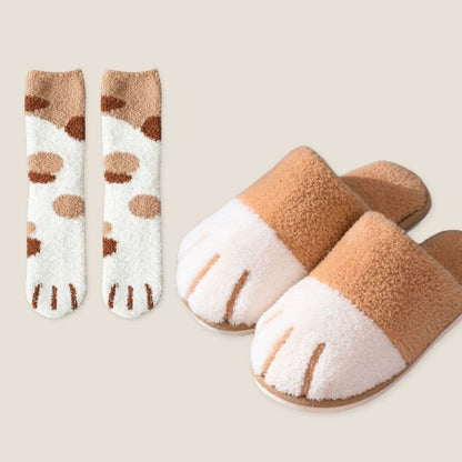 Fluffy Cat Paw Socks & Slippers Set