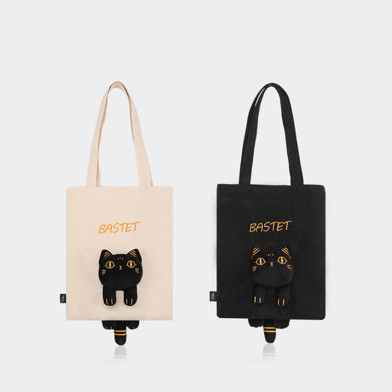 Plush Bastet Black Cat 3D Tote Bag White Canvas Black Corduroy