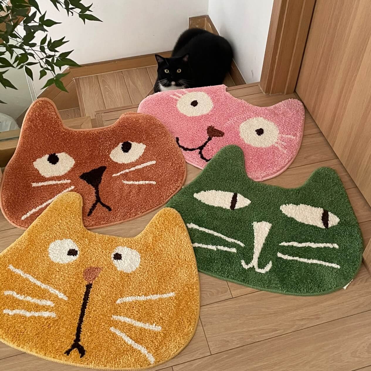 Green Yellow Brown Pink Funny Cute Cat Face Rug