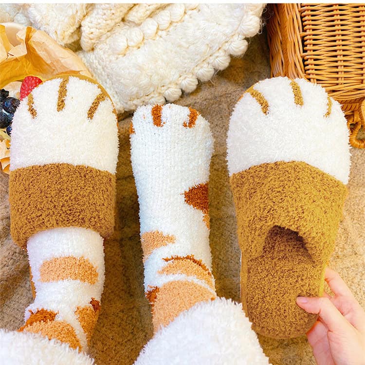 Fluffy Cat Paw Socks & Slippers Set