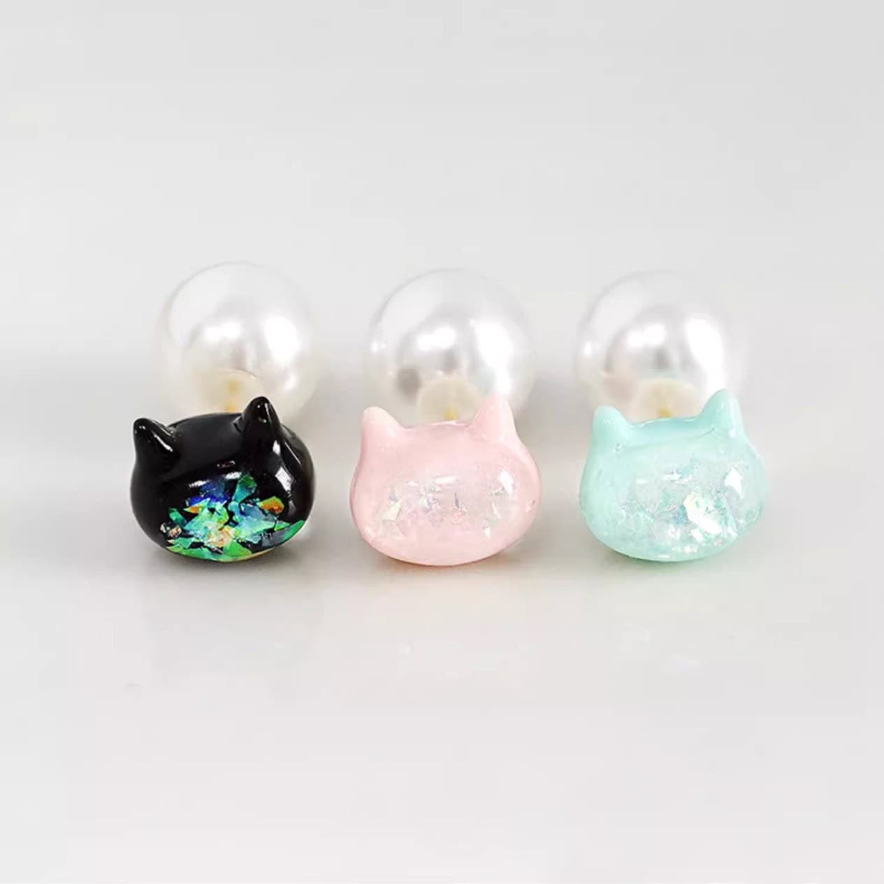 Japanese Black Pink Blue Shimmering Iridescent Cat Earrings