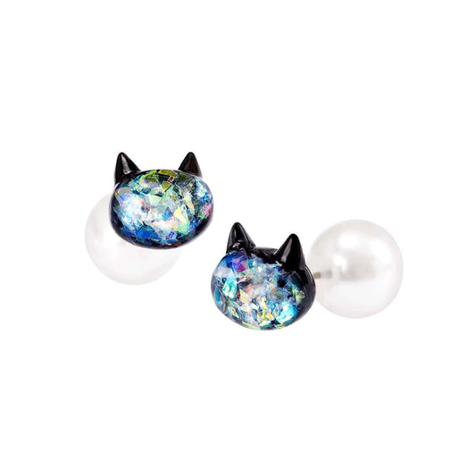 Japanese Black Shimmering Iridescent Cat Earrings