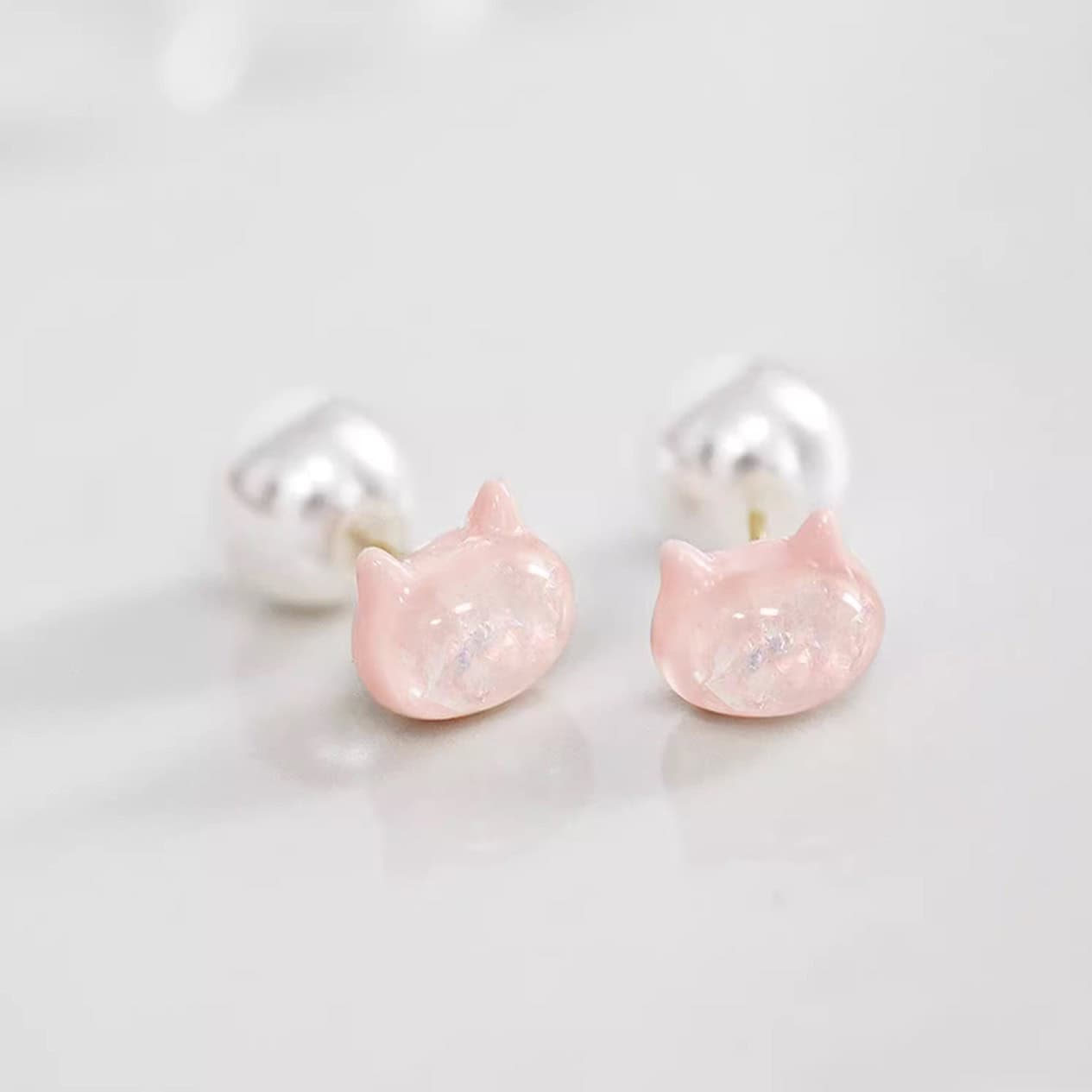 Japanese Pink Shimmering Iridescent Cat Earrings