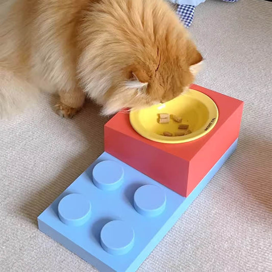 Lego Brick Playful Cat Elevated Feeding Station